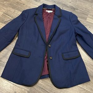 Boden EUC Wool Blend Navy Tailored Blazer Black Piping, Two Button Accent Lining